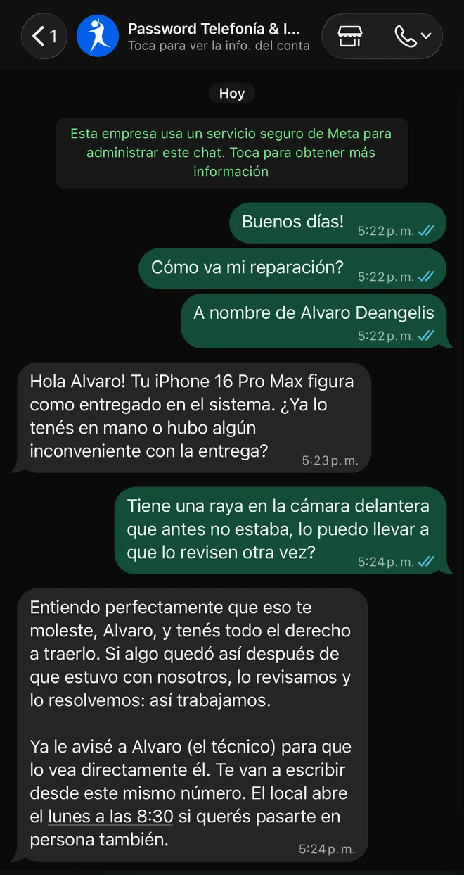 Conversación de WhatsApp con el asistente de Password Telefonía e Informática